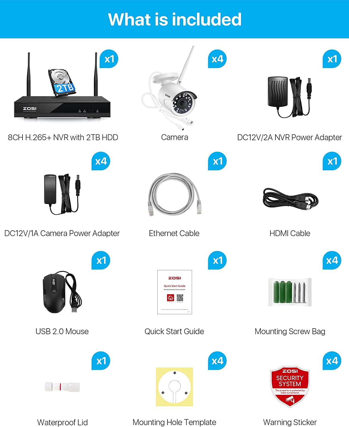 ZOSI 2K Wireless Security Camera System Inclusions