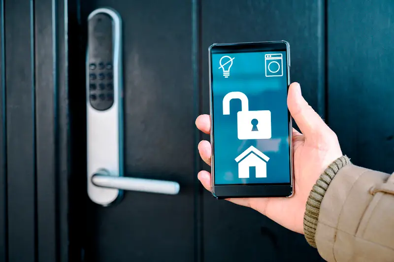 Opening front door lock with smart home app on mobile phone